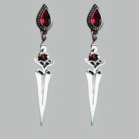 Gothic Punk Vintage Earrings, Dagger Tassel  W/ Red zirconia, Retro Style - Picture 8 of 8
